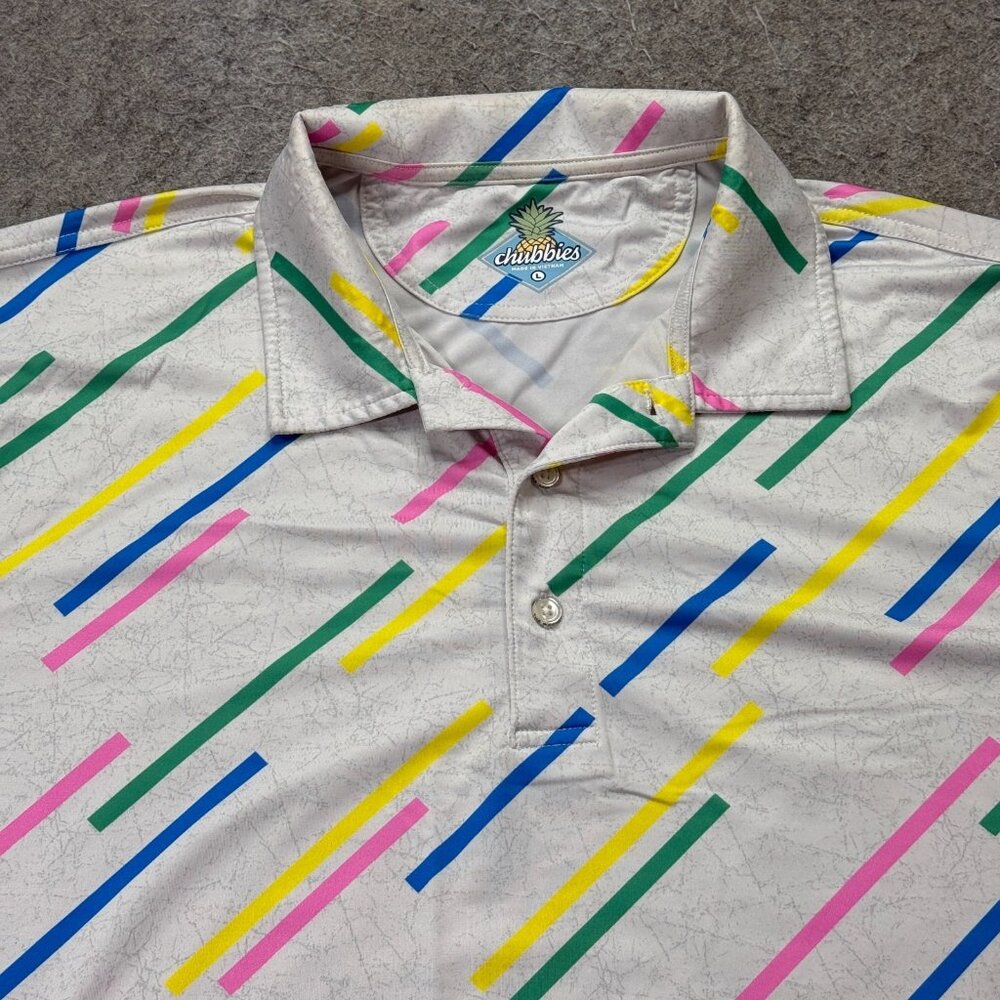 Chubbies Friendchip Performance Polo Shirt Men L White Green Pink Blue Geometric